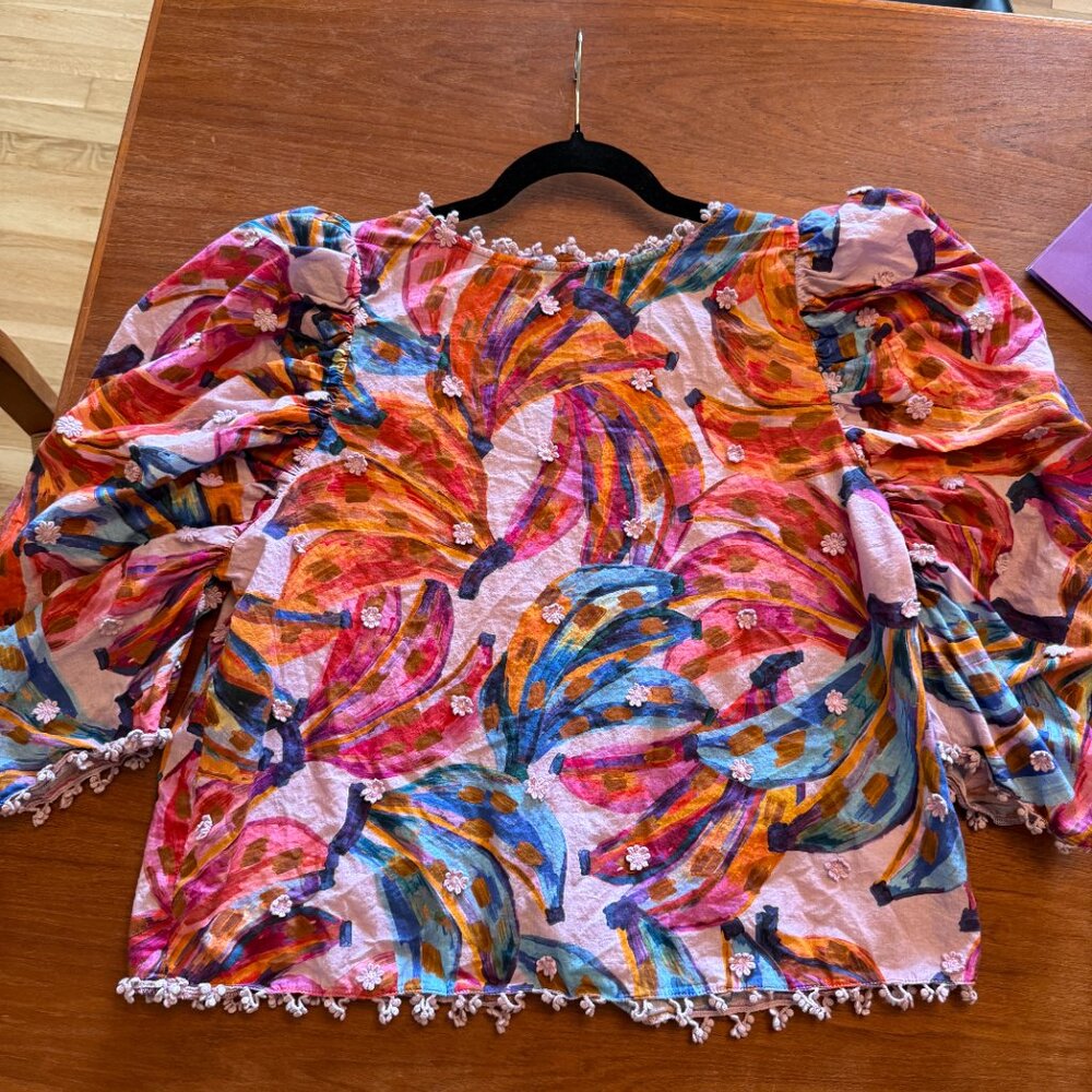 FARM Rio Pink Multicolor Puff-Sleeve Colored Bananas Print Blouse Large - Picture 11 of 11